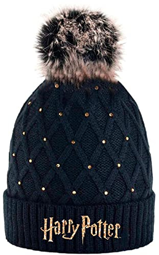 EplusM Harry Potter mössa hatt med pom pom unga stickade diamanter gyllene broderi dekoration vintermode oval design, mång, one size