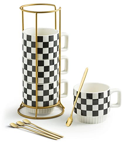 Miamolo Stackable Coffee Mug Set of 4 with Rack 11 oz Tea Cup Set with Little Spoon for Coffee Tea Cocoa Milk, Checkered Black and White Pattern Coffee Mug for Housewarming Gift