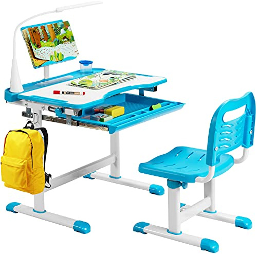 RELAX4LIFE Set Tavolo e Sedia per Bambini, Superficie di Lavagna Inclinabile con Ripiano Organizer Scorrevole, Scrivania con Lampada a LED e Leggio Regolabili, Scrivania e Sedia Multiattività (Blue)