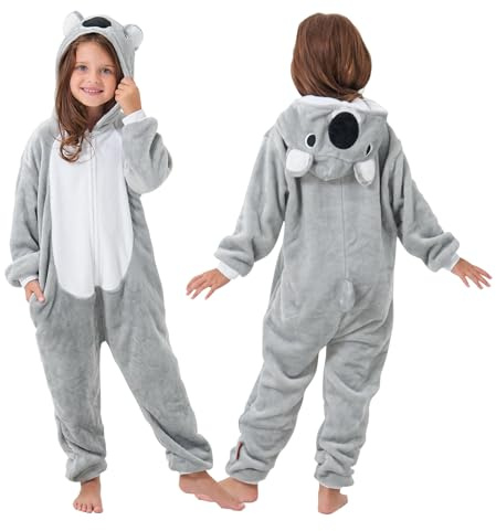 YLLSOPHAN Pigiama invernale con tuta da notte, con cappuccio, motivo animale, per ragazzi e ragazze, dinosauro, mucca, rana, koala, coniglio, panda, in pile morbido, extra spessore, Koala., 9-10 Years
