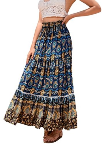 Women's Boho Floral Print Long Skirt Summer Flowy Elastic High Waist | Bohemian beach Maxi Skirts for Women Pleated cake skirt