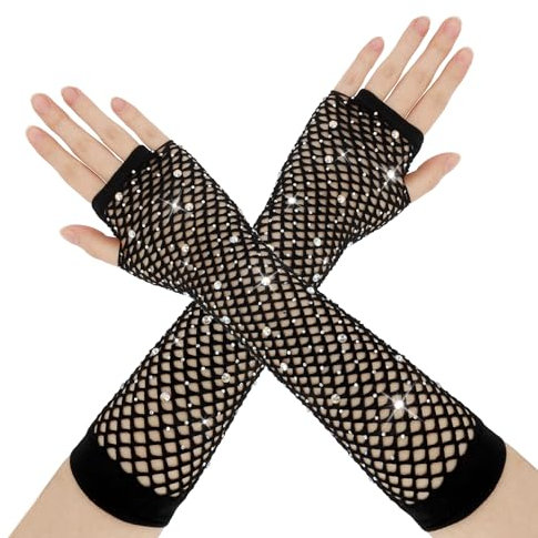 Netzhandschuhe,Fingerlose Handschuhe,Handschuhe Ohne Finger,Netzhandschuhe Schwarz,Fingerlose Handschuhe Damen,Schwarze Handschuhe Lang,Scene Clothes,Halloween Gloves,Rhinestone Fishnet Long Gloves