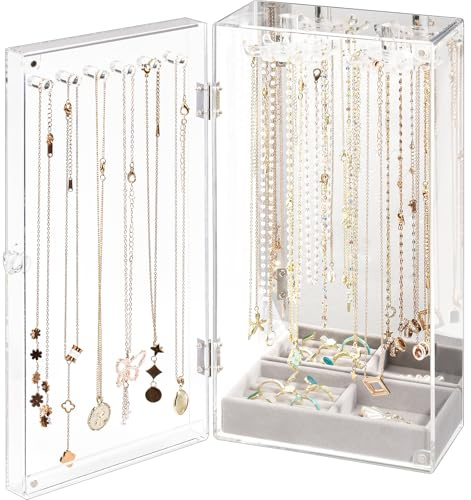Lolalet Soporte Acrílico para Joyas, Caja Organizadora de Joyas Transparente Anti polvo con 24 Ganchos Estante para Almacenamiento para Collares con Bandeja de Terciopelo -Espejo Claro