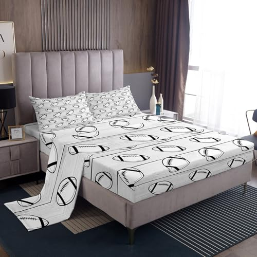Manfei Football Sheet Set King Size, Sports Gaming Theme Bedding Set for Kids Boys Girls Room Decor, Grey Wooden Plank Bed Sheet Set 4pcs with Fitted Sheet + Flat Sheet + 2 Pillowcases