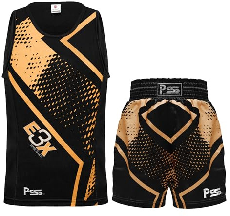 PSS Boxningsuniform kort och väst (tvådelad) – professionell träning och sparring Fight Boxing Competition Gear Lätt, andningsbart och fukttransporterande tyg för pojkar och flickor, GYLLENE, 9-10 år