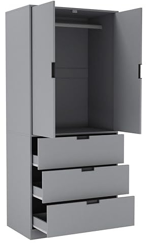 URBNLIVING 2 Door 3 Drawer Black White Oak Grey Modern Wardrobe Furniture with Clothes Hanging Rail Storage Shelf for Home Bedroom Organiser Unit H180cm x W80cm x D50cm