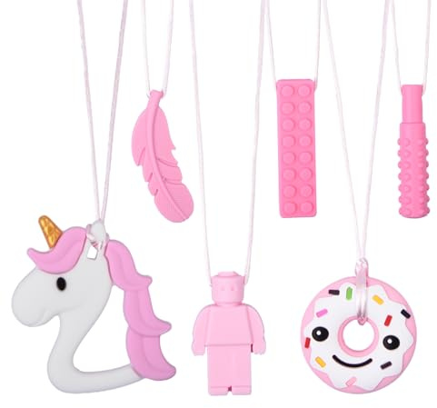 6 collane da masticare Sensory, collana da masticare in silicone rosa, per bambini autistici, dentizione, paura, mordere bisogni, ADHD, motore orale Chewy, con fibbia regolabile per bambini e bambine