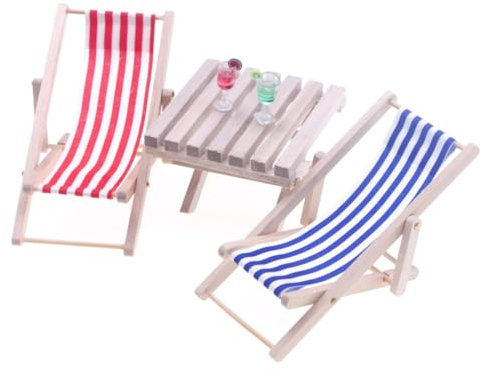 IOURVYA 2 Pieza Mini Tumbona Decorativa de Madera | Tumbona para muñecas | Silla de Playa | Soporte para móvil + Mesa + 2 Bebidas, Asiento de Tela Azul y Blanca, Aprox. 11 x 5 cm
