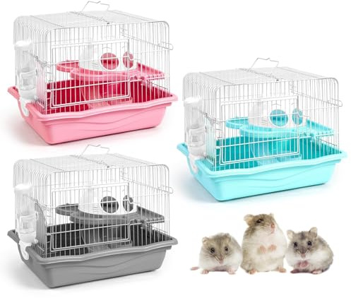 Zwerghamsterkäfig, tragbar, 2-stöckig, Kleintier-Lebensraum, Reise-Hamsterkäfig mit Laufrad, Wasserflasche, Futterschale für Zwerghamster, Mäuse, Rennmäuse (grau/blau/rosa, zufällige Lieferung)