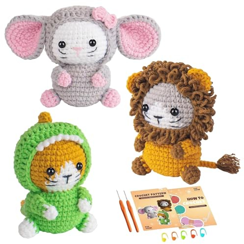 iewrtcin Crochet Kits for Beginners Adults, 3pcs Crochet Animal Set, Beginners Crochet Kit with Step by Step Videos Tutorials, Knitting Kit for Children, Crochet Lovers