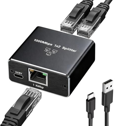 Ethernet Splitter, 1 to 2 Out 1000Mbps High Speed Network Switch, LAN RJ45 Gigabit Internet Splitter Connector for PC/Laptop PS5 Xbox Modem Router Top Box Digital TV (With USB-C Power Cable)