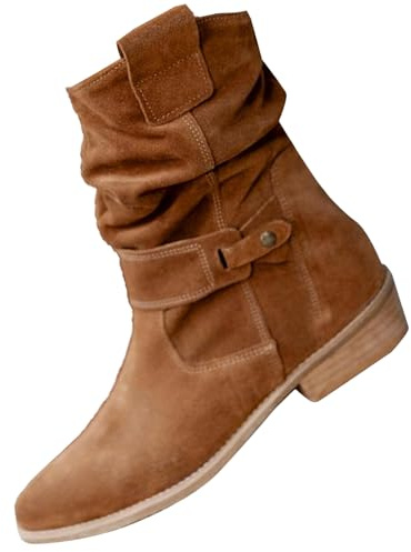 Traditionella skor dam beige platta – cowboy ankelstövlar dam mocka countrystövlar med dragkedja västerländska stövlar bred skaft halvstövlar enfärgade kostymskor halkfria ridstövlar, BRUN, 39 EU