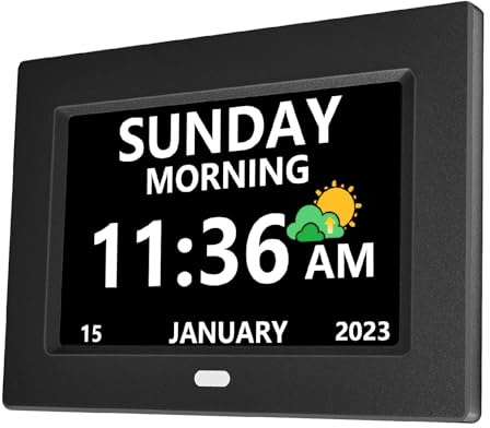 Orologio digitale con giorno e data per anziani Alzheimer, allarmi personalizzabili, 3 modalità di visualizzazione, caratteri grandi, orologi digitali per anziani, sveglia automatica DST (7 pollici
