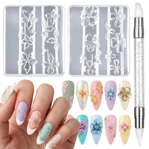 Zosutetoxo 2 piezas de moldes de uñas de silicona, plantillas de arte de uñas en gel 3D con lápiz, moldes reutilizables para accesorios de nail art DIY