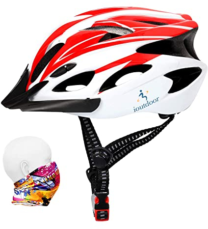 ioutdoor Erwachsene Fahrradhelm CE EN1078, EPS-Körper + PC-Schale, Robust und Ultraleicht, mit Abnehmbarem Visier und Polsterung, mit freiem Stirnband, Verstellbar Radhelm(56-62cm)(Rot Weiß)