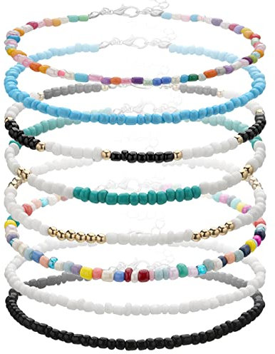 8 Piezas Pulseras Tobilleras Boho, VEGCOO Pulseras Tobilleras Hechas a Mano Con Cuentas, Tobillera de Verano Ajustable, Joyería de Pie con Cuentas Coloridas para Mujeres y Niñas (A)