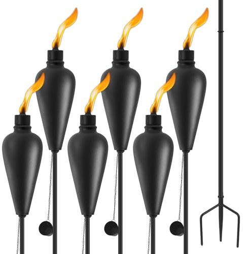 ZSZMFH Uppgraderad hem trädgård fackla uppsättning med 6, utomhus metall ficklampa trädgårdsdekor, 152 cm citronella-facklor med 3-stifts jordad insats, metall ljusfackla för fest uteplats gångväg (svart)