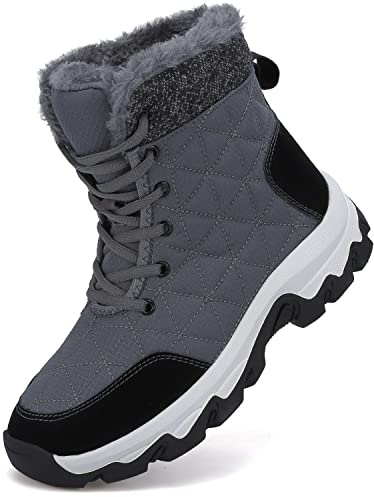 Dhinash Stivali da Neve Donna Stivaletti Uomo Stivali Invernali Impermeabile Stivali da Escursionismo Antiscivolo Caldo Pelliccia Foderati Scarpe da Neve Grigio Bianco 39EU