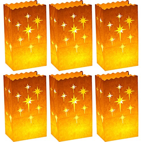 100 Pcs White Luminary Bags Flame Resistant Candle Bags Stars Design Luminaries Reusable Paper Lantern Bags Fire Retardant Bags for Wedding Valentine's Day Thanksgiving Christmas Engagement