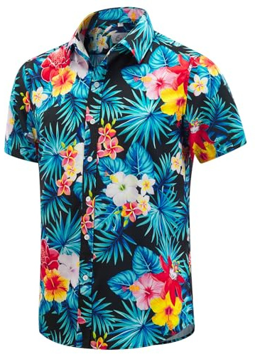 EUOW Chemise hawaïenne à Manches Courtes imprimée boutonnée pour Homme, Feuille + Fleur, Taille L