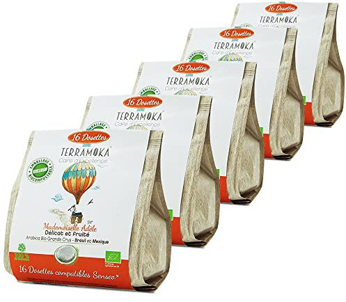 TERRAMOKA 80 Cialde (5 * 16) 100% Puro caffè Arabica dal Brasile e dal Messico - Compatibile con le Cialde Senseo - Delicato, fine e fruttato - 100% Biodegradabile - Tostato in Francia