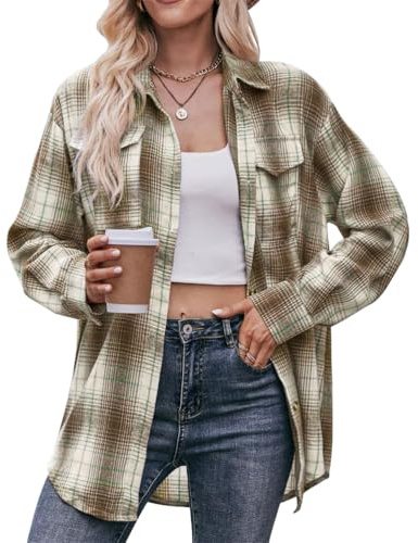 seiveini Chemise à Carreaux Femme Manches Longues Blouse Chemisier Ecossaise en Flanelle Classique Automne Printemps A Café S