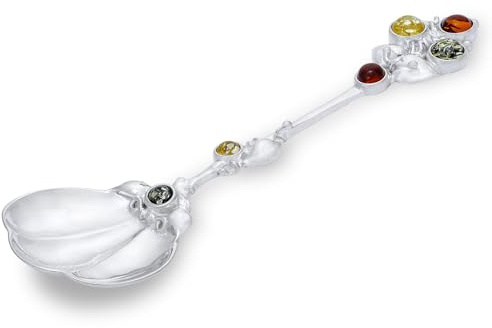 AMBEDORA Silberlöffel Andalusien mit Bernstein, Sterling Silber Glänzend, Baltischer Bernstein in Drei Farben, L 10 cm