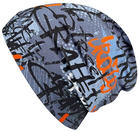 Ullkycklingar pojkar/flickor Shorties beanie/beanie-mössa/stickad mössa/barnmössa, bekväm, många motiv, jersey, tvåskiktsfodrad, övergångsperioder (ekologiskt tyg/bio) 202401, Skater grå/orange, 56/58