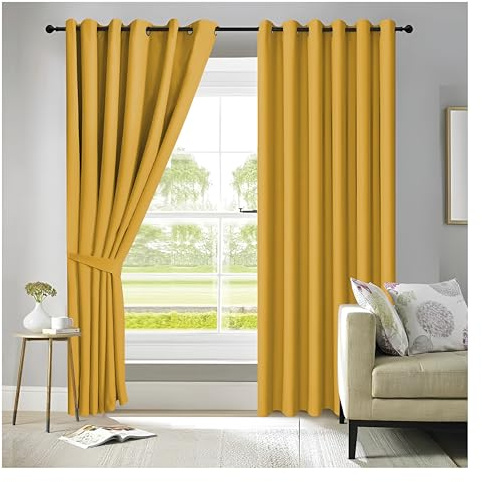 APEX FURNISHINGS Yellow Blackout Curtains for Bedroom 108 Inch Drop Thermal Insulated Eyelet Curtains & Drapes for Window Treatment & Living Room, 2 Panels (90x108 Inches)