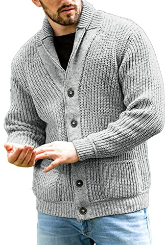 Runcati - Cardigan da uomo a maglia grossa, con collo sciallato, a maniche lunghe, con abbottonatura, maglione casual, grigio., XL