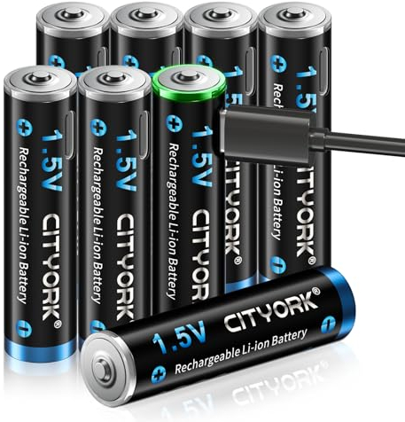 CITYORK Pilas recargables USB-C AAA de litio, 8 unidades AAA de 1,5 V, 1200 mWh, con cable de carga USB 4 en 1