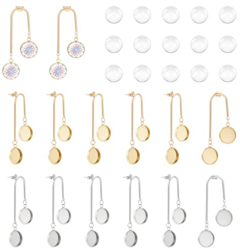 UNICRFTALE - 1 juego de 2 colores, 24 piezas, doble plano, redondo, biseles, charola de acero inoxidable 304 con 24 cabujones de cristal, base de arco, accesorios para hacer joyas