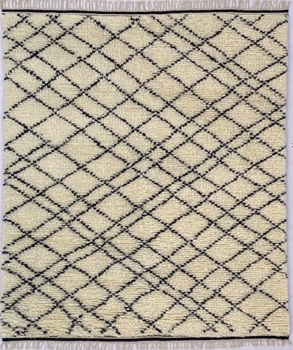 Shaggy Teppich Morocco Berber 100% Wolle Schwarz Elfenbein Handgefertigter BM5 (Größe: 170 cm x 240 cm)