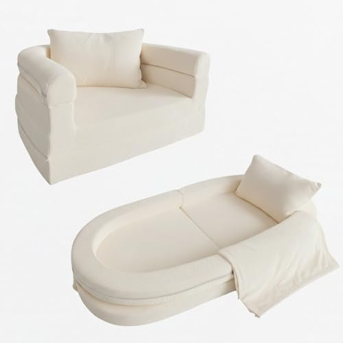Canapé en Mousse pour Enfants avec Couverture & Oreiller, Sofa Convertible 3-en-1 Pré-assemblé pour Tout-petits, Chaise Pliable d'Intérieur & Lit de Sol Dépliable pour Garçons & Filles (Ivoire)