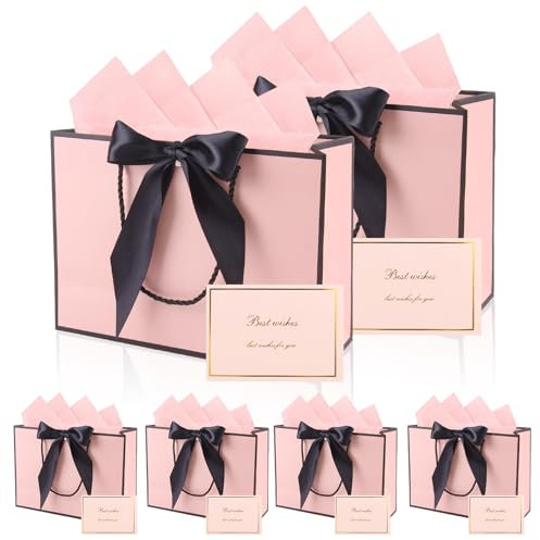 XIAQICA Bolsa Regalo Grande 6 Bolsas Regalo + 6 Pañuelos + 6 Tarjetas, Bolsa de Regalo de Papel con Asas y Lazos Bolsas de Regalo para San Valentín, Cumpleaños, Fiesta (Rosa)