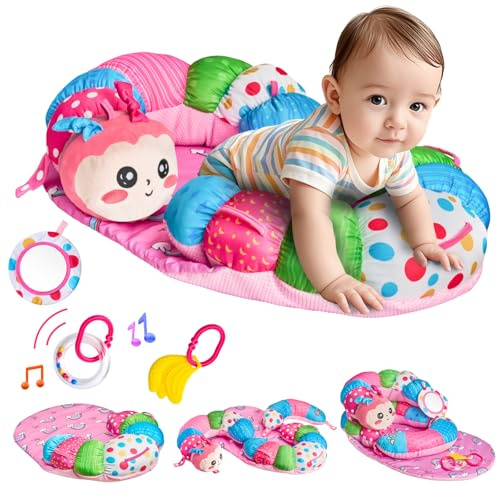 SAIMAND Baby Spielzeug 0-6 Monate - 3-in-1 Abnehmbares Raupe Spielkissen für Tummy Time Toys,Bauchlage, Sitzen & Stützen mit Rassel, Beißring und Spiegel - Ideales Baby Geschenk 0-3-6 Monate（Rosa）