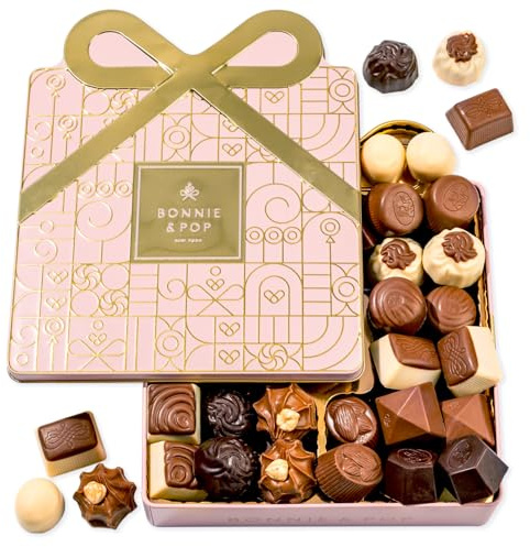 Mothers Day Chocolate Gift Basket, Candy Food Snack Gifts Bow Tin Box, Present for Her, Mom, Women, Wife, Girlfriend, Assorted Gourmet Belgian Truffles- Pink- Bonnie & Pop