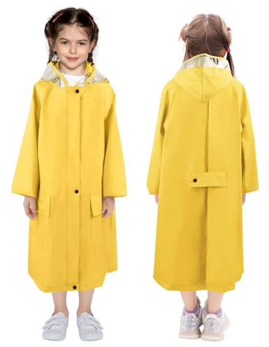 LAMA Kids Raincoat with Hood, Lightweight Raincoat for Girls, Kid Long Rain Jacket, Waterproof, Windproof, Durable, Reusable Girl Rain Coat for Rain Day (Yellow, L)