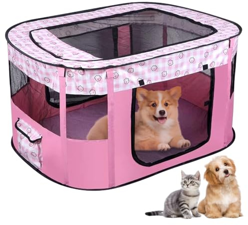 XEERUN Foldable Pet Playpen, Portable Dog Cat Kennel Cage, Pop Up Pet Tent Fence with Storage Bag, Travel Pet Puppy Crate Indoors/Outdoors, for Puppy Dog Kitten Cat, 70 x 55 x 40CM, Pink