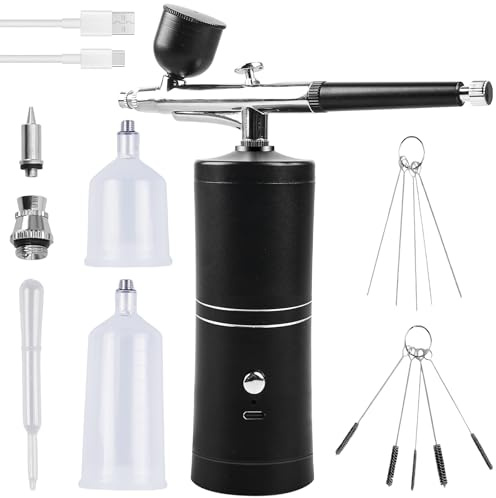 Kit de aerógrafo con compresor, compresor aerógrafo, cepillo de aire recargable, pistola aerógrafo, portátil, cepillo de aire para maquillaje, decoración de uñas, decoración de tartas (negro)