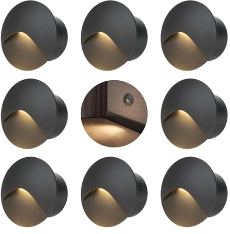 FWoche 8 Pezzi segnapasso led 3W 3000K Alu, Applique da Parete LED incasso per scale, 60mm IP44 luci scale con scatola da incasso illuminazione da parete, per Interno esterno giardino, guscio nero
