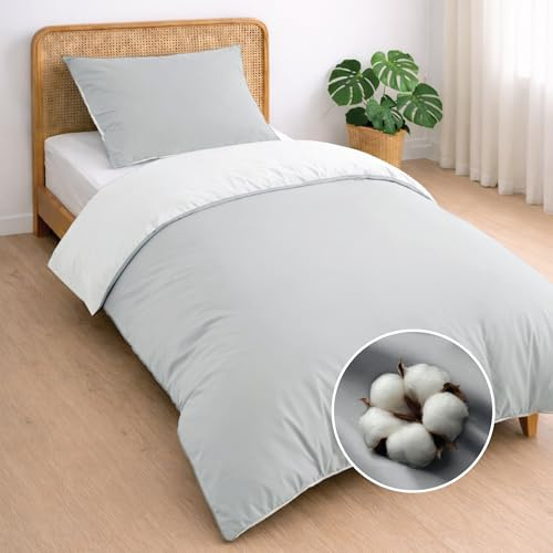 Dreamzie Funda nordica Cama 90 Algodon - Funda edredon 135x200 con Cierre + 1 Funda Almohada 80x80 - Juego de Cama Liso y Reversible - Gris Claro
