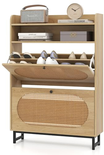 Giantex Zapatero de 4 Niveles con 2 Cajones Abatibles y 2 Estantes Abiertos, Cada Solpa con 2 Estantes, Puertas de Ratán, 80 x 24 x 115 cm, Armario de Zapatos para Entrada, Recibidor, Dormitorio