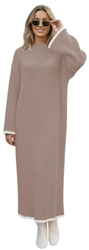 janisramone® Womens Long Sleeve Maxi Dress, Contrast Piping Trim Ribbed Knitted Jumper Dress, Winter Pull Over Knitted Dresses, Soft Ladies Maxi Dresses UK