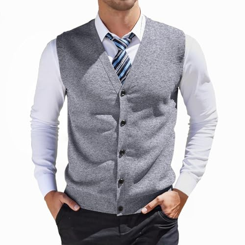 YOSUWOAI Pull pour homme - Gilet en tricot épais - Sans manches - Avec boutons - Col en V - Gilet d'affaires - Décontracté - Cardigan traditionnel - Couleur unie - Gilet de travail