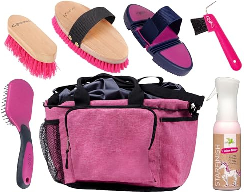 QHP - Kit de cuidado de caballos con bolsa de limpieza, color rosa brillante