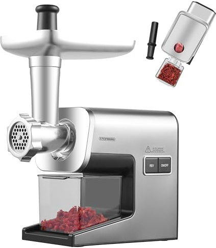 Steinborg ® Fleischwolf Elektrisch 2000W Max Power – Profi Hackfleischmaschine aus Edelstahl mit kraftvollem AC-Motor, Reverse & 2 Geschwindigkeiten – 3 Lochscheiben, Wurstfüller & Kebbe – Heavy Duty