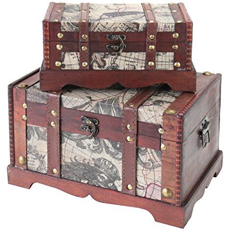 HMF Cofre del tesoro de madera, Cofre pequeño para cumpleaños infantil | set de 2 | varios tamaños | América