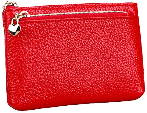 HXT-OAK Portafoglio in Pelle con portachiavi Piccolo Portamonete Mini Portafoglio Cerniera Cuore con 3 Scomparto Capiente Porta Banconote e Tessere Pochette Pelle Rosso