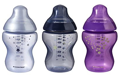 Tommee Tippee Closer to Nature Baby Bottles, Slow Flow Breast-Like Teat with Anti-Colic Valve, 260ml, Pack of 3, Midnight Skies